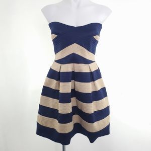 BCBG MaxAzria Striped Strapless Stretch Bandage Mini Dress Tan Blue sz M